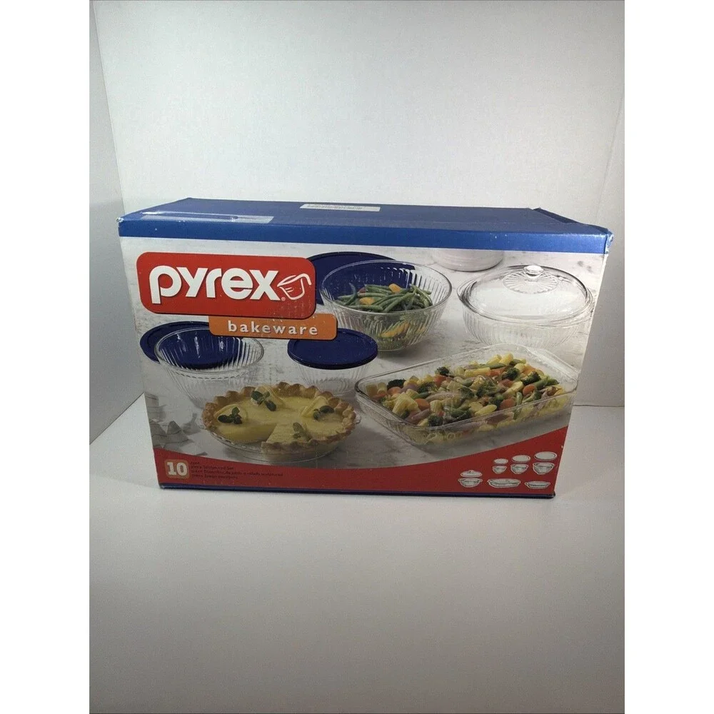 Pyrex Bakeware 10Pc Vintage Sculptured Set - 9x13, Pie, 2qt & Lid, Bowls & Lids